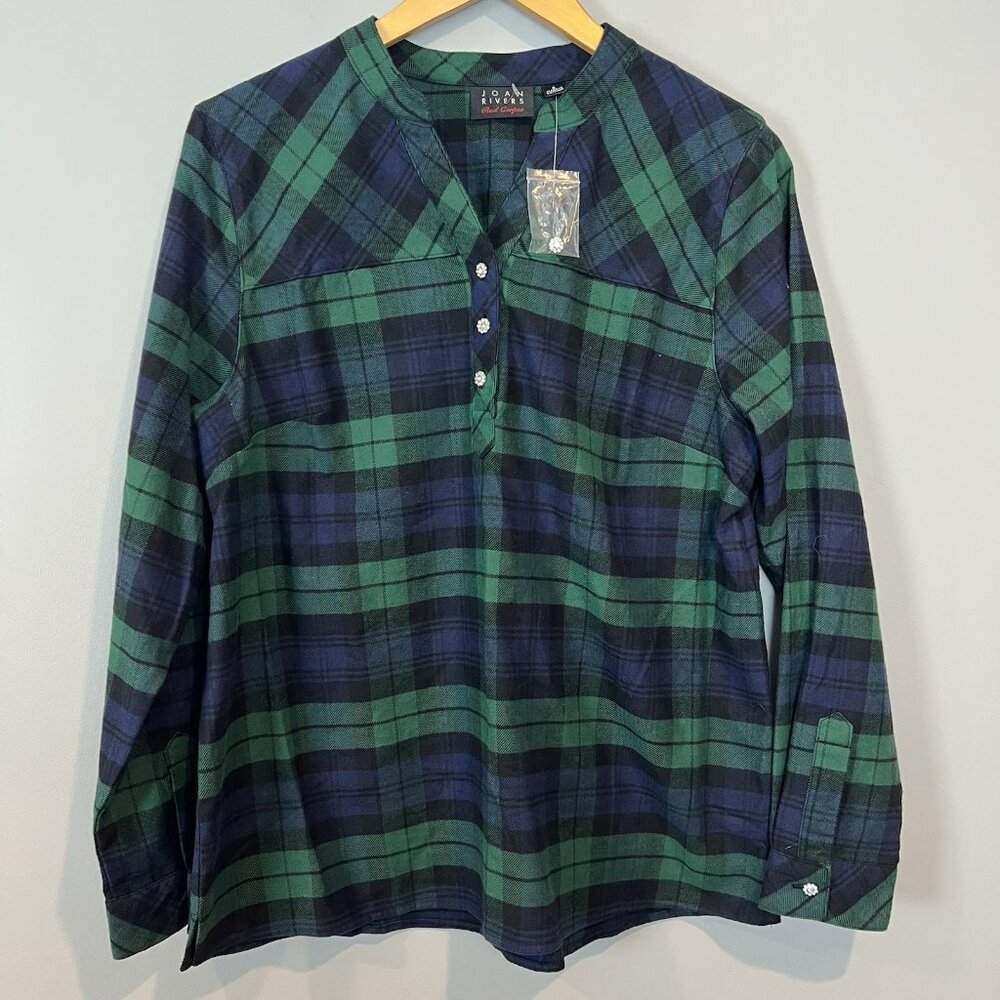 Joan Rivers Womens Size Small Green Plaid Blouse Rhinestone Buttons Holiday NWOT